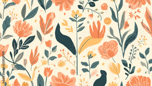 Konstfotografi A vibrant and intricate seamless pattern featuring stylized botanical elements like flowers and leaves in a warm, earthy color palette