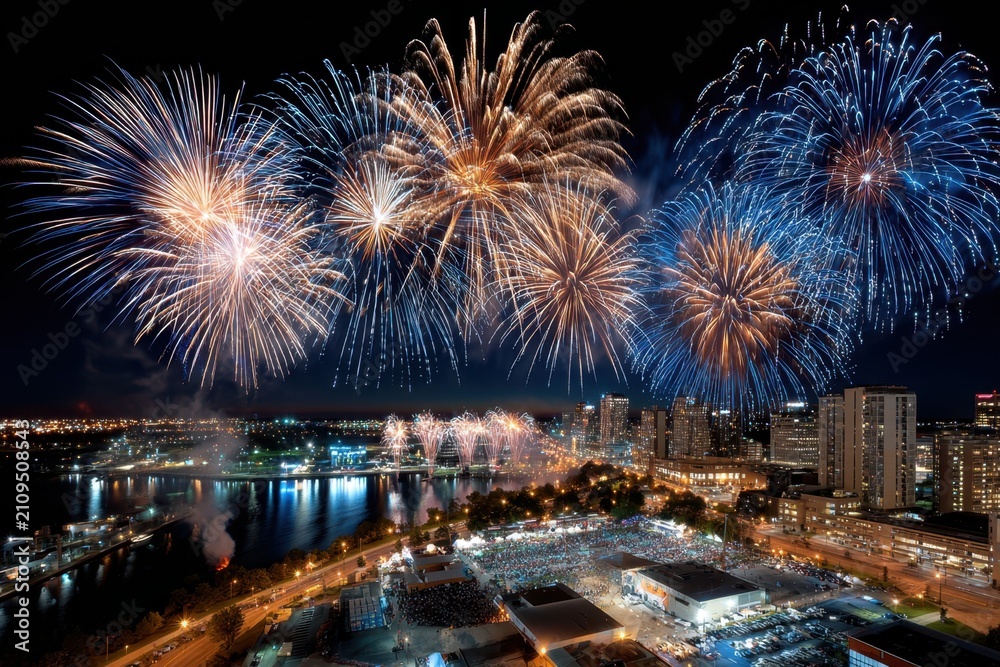 Obraz premium Fireworks over cityscape at night with crowds