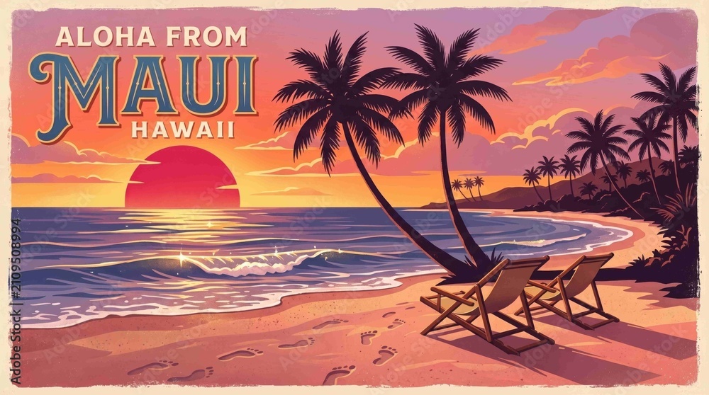 Fototapeta premium Aloha Maui Hawaii vintage poster, tropical sunset palm trees, beach chairs footprints golden sand. Island paradise vacation theme