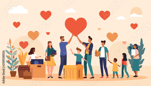 Принти на полотні Diverse group of people, including families and children, participating in community support and charity work, surrounded by hearts symbolizing love and generosity and holding boxes
