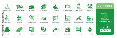 Konstfotografi Construction set with crane concrete mixer steel beams excavator blueprint crane