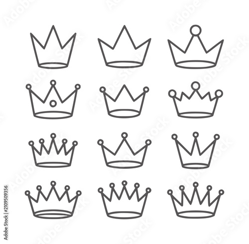 Fényképezés Collection of twelve hand drawn simple crown outlines royalty symbol