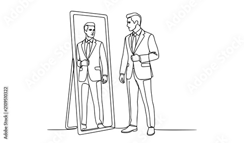 Continuous One Line Drawing of Businessman Adjusting Suit in Mirror Before Professional Meeting Editable Vector