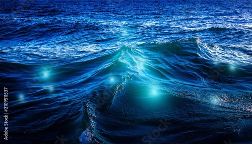Glowing Blue Bioluminescence On Ocean Surface Waves Water