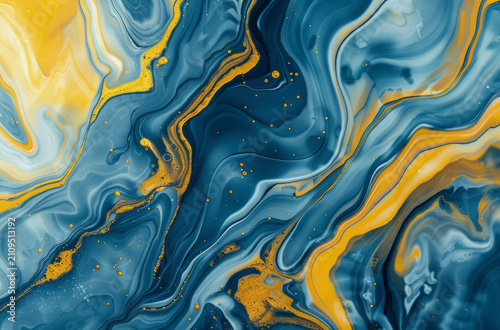 Photo of Blue and yellow liquid fluid art pattern. Background texture for backdrops or mapping