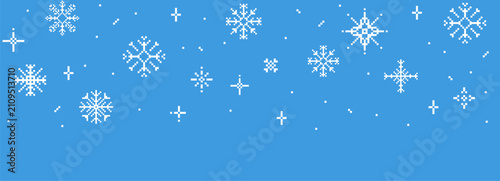 Cuadro en lienzo Pixel winter falling snowflakes border, seasonal blue crystal decorative pattern decorative in pixel art