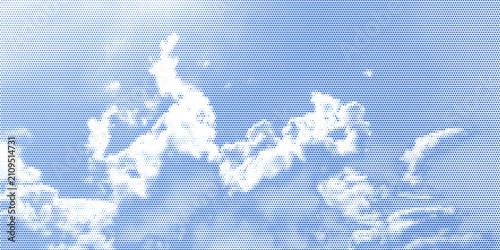 Halftone cloud sky on blue backdrop with pixelated texture vector illustration background. Vintage halftone cloud sky pop art style background featuring geometric dot pattern and summer aesthetic.