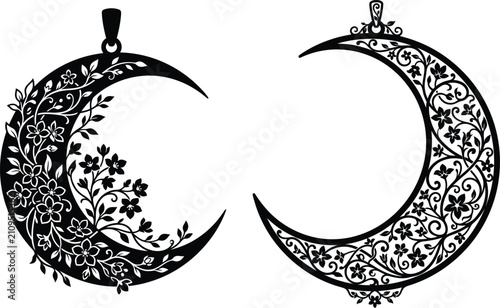 Black silhouette crescent moon pendant with intricate floral vine pattern crescent silhouette ornament botanical