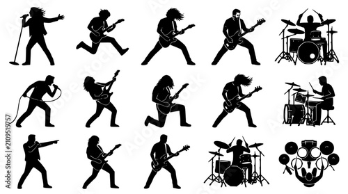 Foto silhouettes of Rock Band Silhouettes Set with Vocalist Electric Guitarists Bass