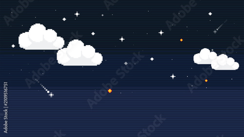 Retro 8-bit pixel art night sky background featuring white clouds, twinkling stars, and a shooting meteor over a dark blue gradient space backdrop. Perfect for video game assets and retro UI graphics.