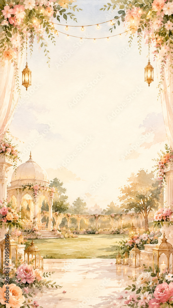 Obraz premium Garden Gazebo with Flowers and Hanging Lanterns Watercolor Illustration