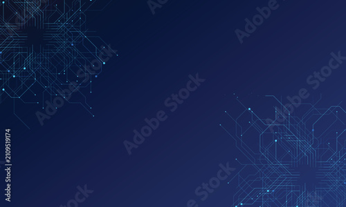 Abstract technology background with digital circuit board pattern, futuristic electronic motherboard lines and network connections on dark blue gradient