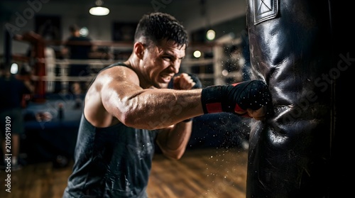 Fototapeta a boxer hitting a punching bag