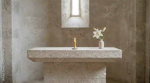 Minimalist stone altar with candle and flower in rustic chapel interior