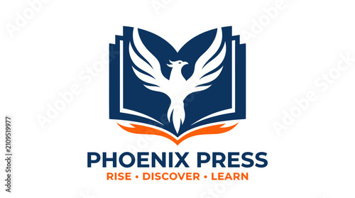 Phoenix rising from open book for publishing house logo.