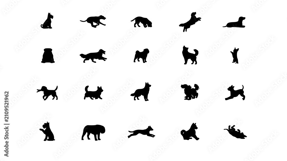 Fototapeta premium Dogs in Various Poses and Activities as Black Silhouettes Featuring Dog, Silhouette, Animal with Pet and Canine Elements