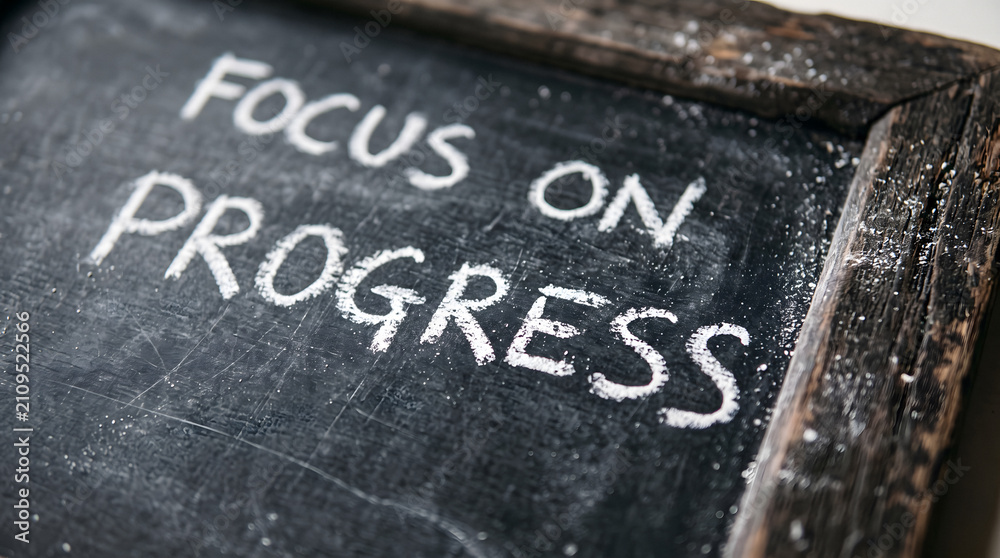 Fototapeta premium Handwritten chalk focus on progress motivational quote on blackboard. Inspirational business growth mindset message for productivity and success pl...
