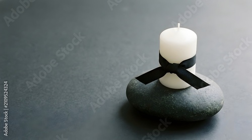 Elegant White Candle with Black Ribbon on Smooth Gray Stone and Dark Surface
