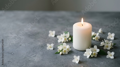 Elegant white candle surrounded by delicate flowers on gray surface for tranquility