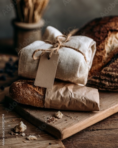 Reusable bakery cloth bag and wrapped bread loaf on wooden cutting board