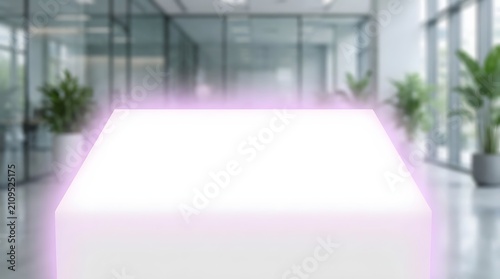 Futuristic white table glowing with purple light in modern glass office environment