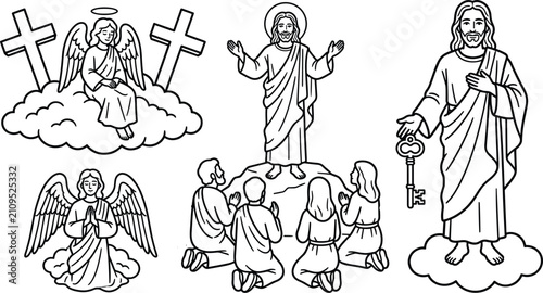Photos Christian Faith and Jesus Christ Line Art Icon Set with Angels Prayer Cross Heav
