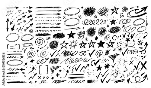 A hand-drawn grunge vector collection featuring arrows, lines, circles, stars, scribbles, swirls, underlines, check marks, bursts, and sketch accents. Authentic rough ink strokes with distressed textu