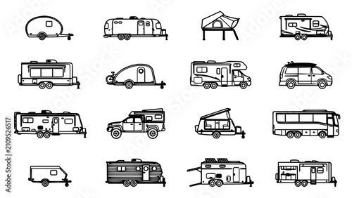 Travel Trailers and Campers in Various Styles and Designs Featuring Vehicles, Camping, Mobile with Homes and Recreational