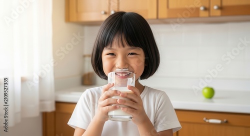 Happy Asian Kid with Milk Mustache Enjoying Refreshing Drink in Kitchen