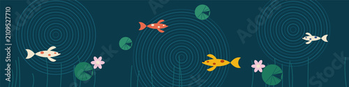 Canvastavla Koi fish pond with ripples and lily pads wide banner in cream orange on deep tea