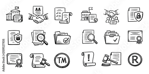 business and legal concept icons with handshake, documents and magnifying glass for infographic design in hand drawn style