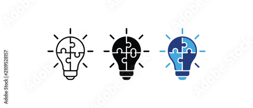 Photography Problem solving idea lightbulb puzzle icon set vector.