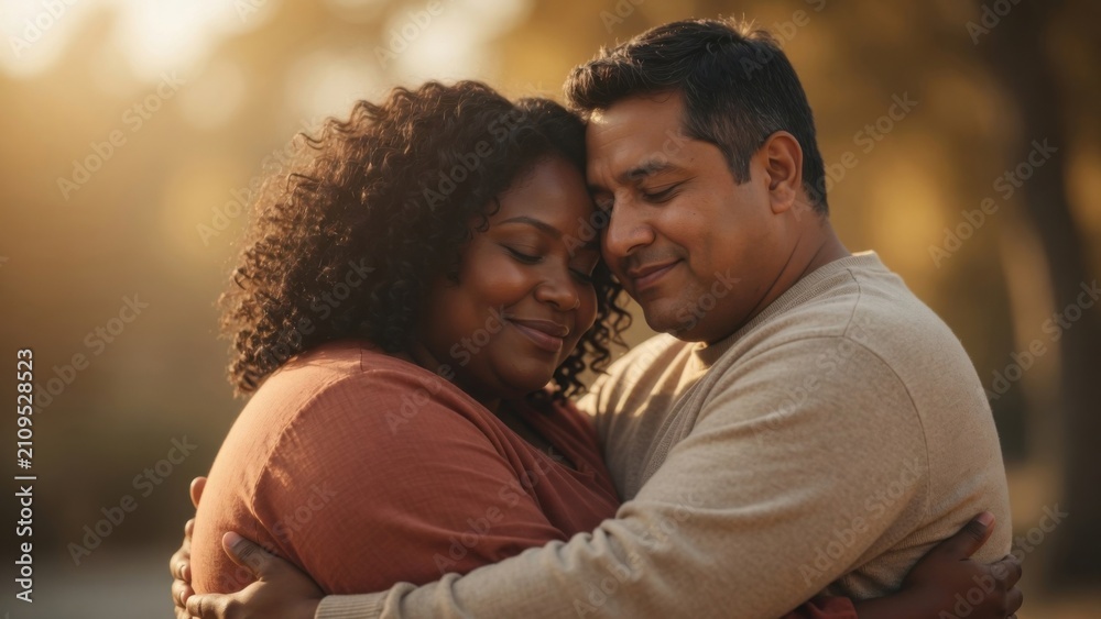 Fototapeta premium Loving Couple Embracing Outdoors at Golden Hour Sunset