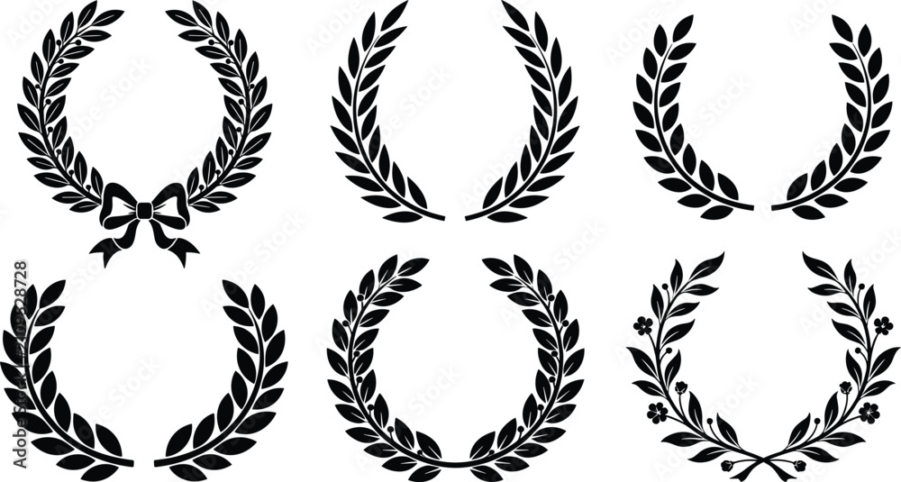 Obraz premium Laurel Wreath Icon Set with Black Silhouette Ribbon Bow Olive Branch and Floral Leaf Elements for Heraldic Crest Award Winner and Premium Logo Designs