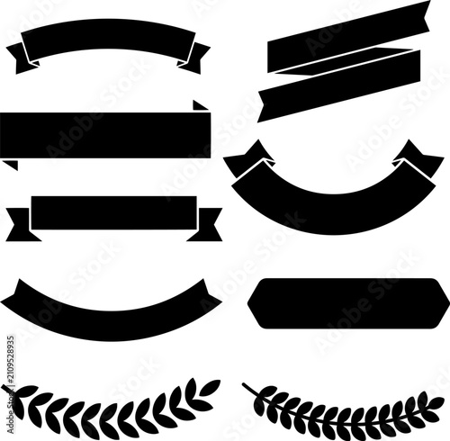 Black ribbon banner set, blank vintage labels, decorative laurel frames, graphic design elements, web badge vector collection, template UI frames, geometric banner ribbons, banner silhouette ⁰0p