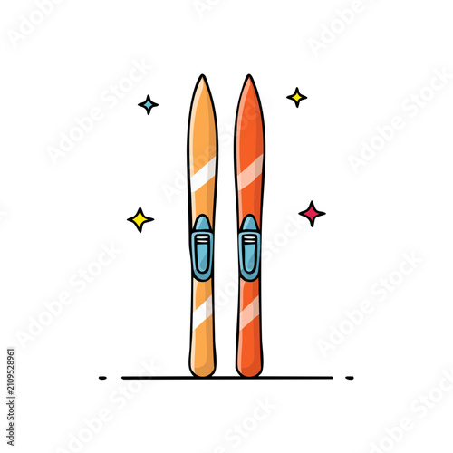 Pair of brightly colored water skis with bindings, set against a white background with sparkling stars.