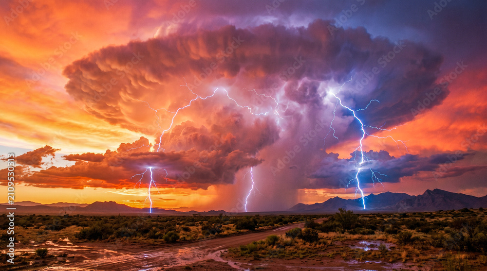 Fototapeta premium Espectacular tormenta eléctrica con imponentes nubes acumulonimbo y potentes rayos ilumina el cielo al atardecer.