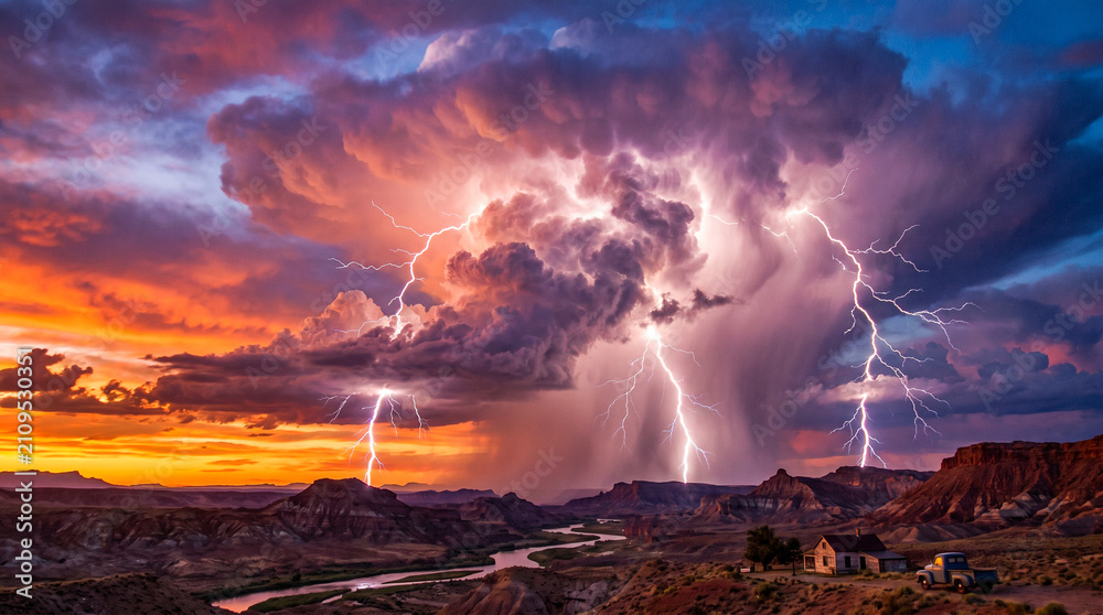 Fototapeta premium Espectacular tormenta eléctrica con imponentes nubes acumulonimbo y potentes rayos ilumina el cielo al atardecer.