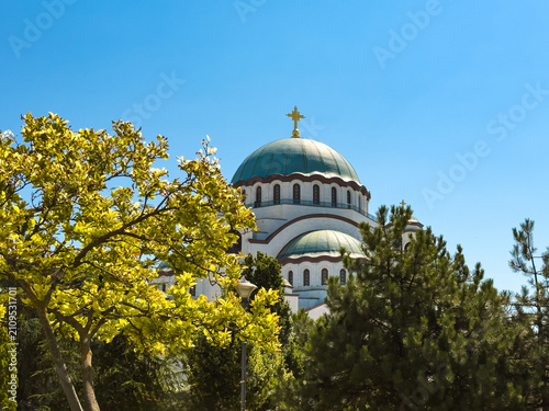 Fotografie Green domes of Saint Sava Temple above trees in Belgrade Serbia