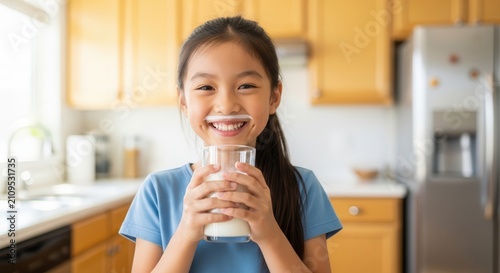 Happy Girl Drinks Milk in Kitchen with Milk Mustache