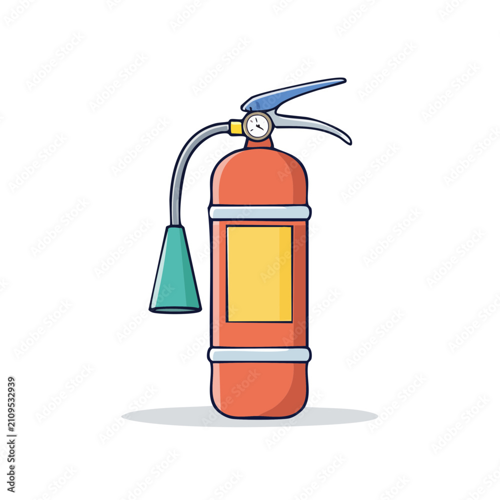 Obraz premium Illustration of a red fire extinguisher with a yellow label and a gray hose