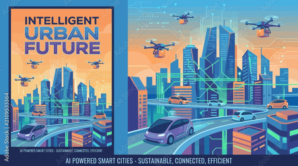 Obraz premium Modern Digital City Infrastructure Featuring Autonomous Electric Vehicles and Automated Delivery Drones for Sustainable Urban Living