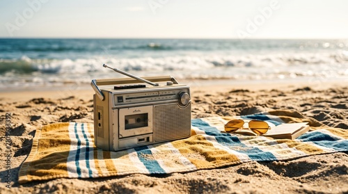 A retro radio sits on a sandy beach alongside sunglasses and a book. The concept evokes nostalgia, vintage leisure, relaxation, and summer vacation themes. Generative AI.