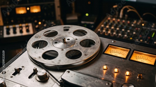 A classic reel to reel tape recorder sits prominently in a dimly lit studio. The concept highlights nostalgia and retro technology, ideal for music and vintage themes. Generative AI.