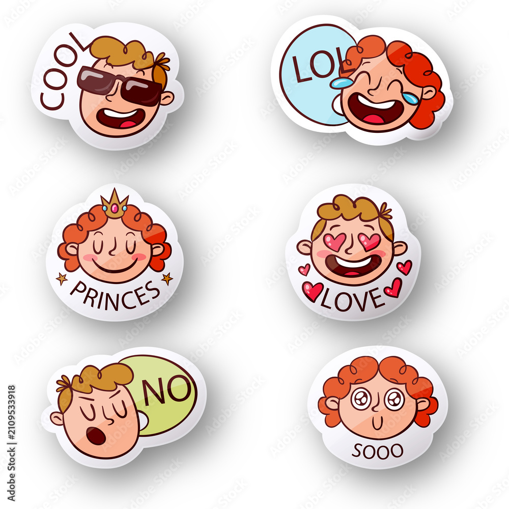 Fototapeta premium Funny Cartoon Face Vector Label Set with Cute Smiley Characters, Animals, Kids and People Expressions Icons for Creative Design Illustration