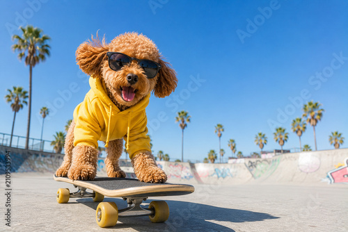 Happy dog in yellow hoodie riding skateboard at sunny beach skate park