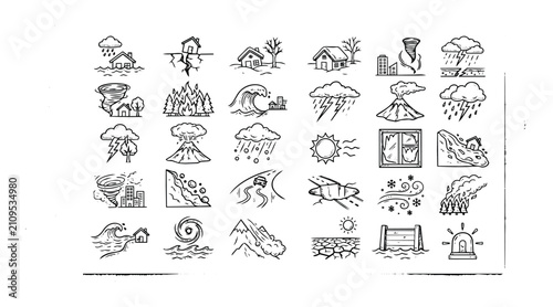 Set of black and white natural disaster and weather hazard icons including tornadoes, earthquakes, floods, fires, storms, and drought