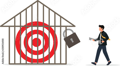 Foto Businessman Near Locked Target Bullseye Cage Concept Vector