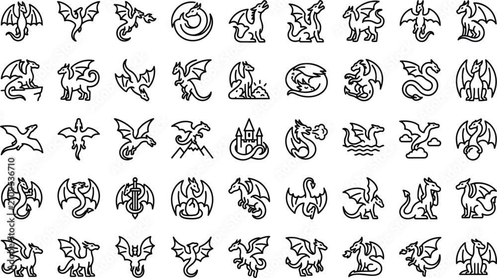 Obraz premium Fantasy Dragon and Mythical Creature Line Icon Set with Outline Symbols for Flying Wyverns, Medieval Legends, Fire Breathing Monsters, and Heraldic Emblems