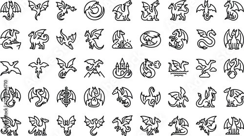 Canvas Print Fantasy Dragon and Mythical Creature Line Icon Set with Outline Symbols for Flyi